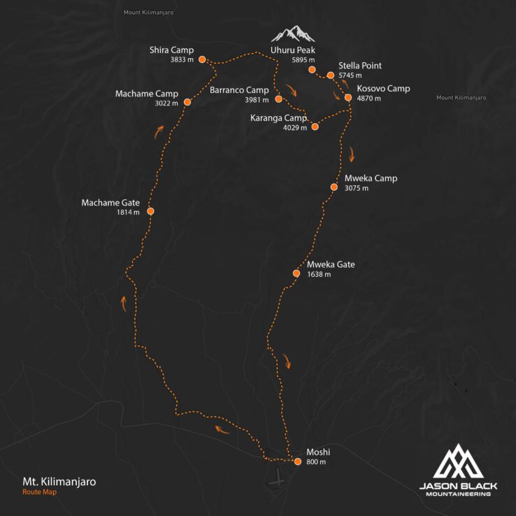 Machame Route trekking map with camps and summit route.