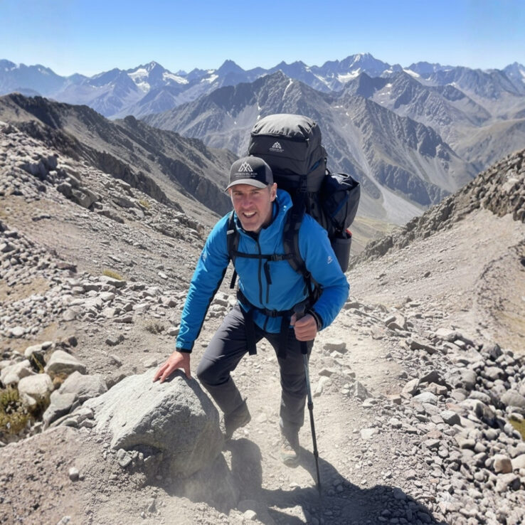 Athlete training on steep hill for high altitude mountaineering expedition